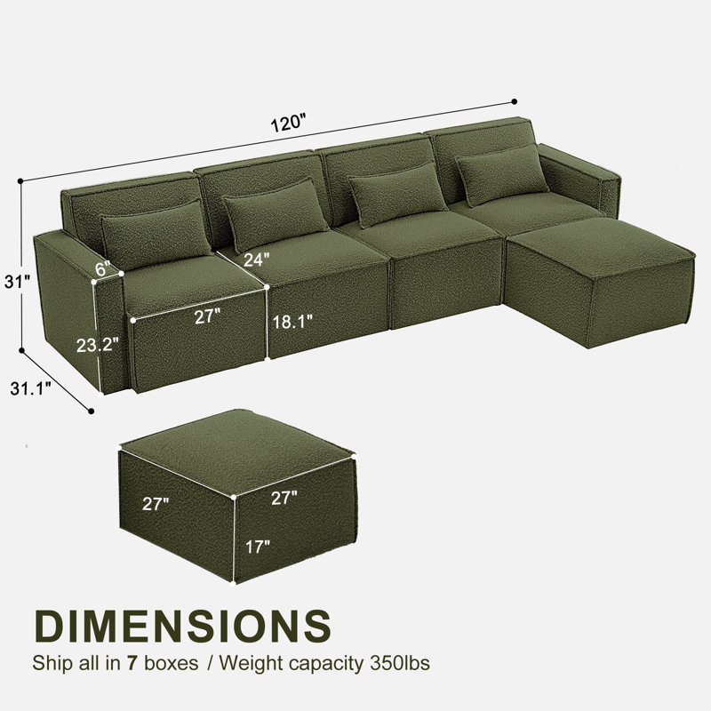 Canapé modulaire rembourré 5 pièces Taufner, Boucle verte