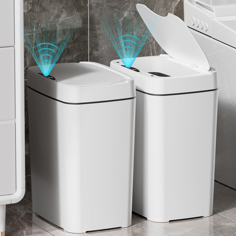 White Slim Touchless Motion Sensor Plastic Trash Can Set