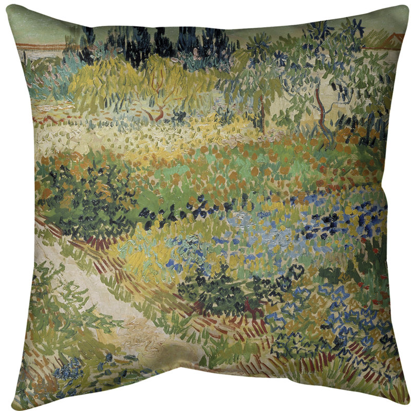 Coussin Euro Â« Jardin fleuri avec sentier Â», Bourre en polyester, Rouge / bleu / brun, Faux lin