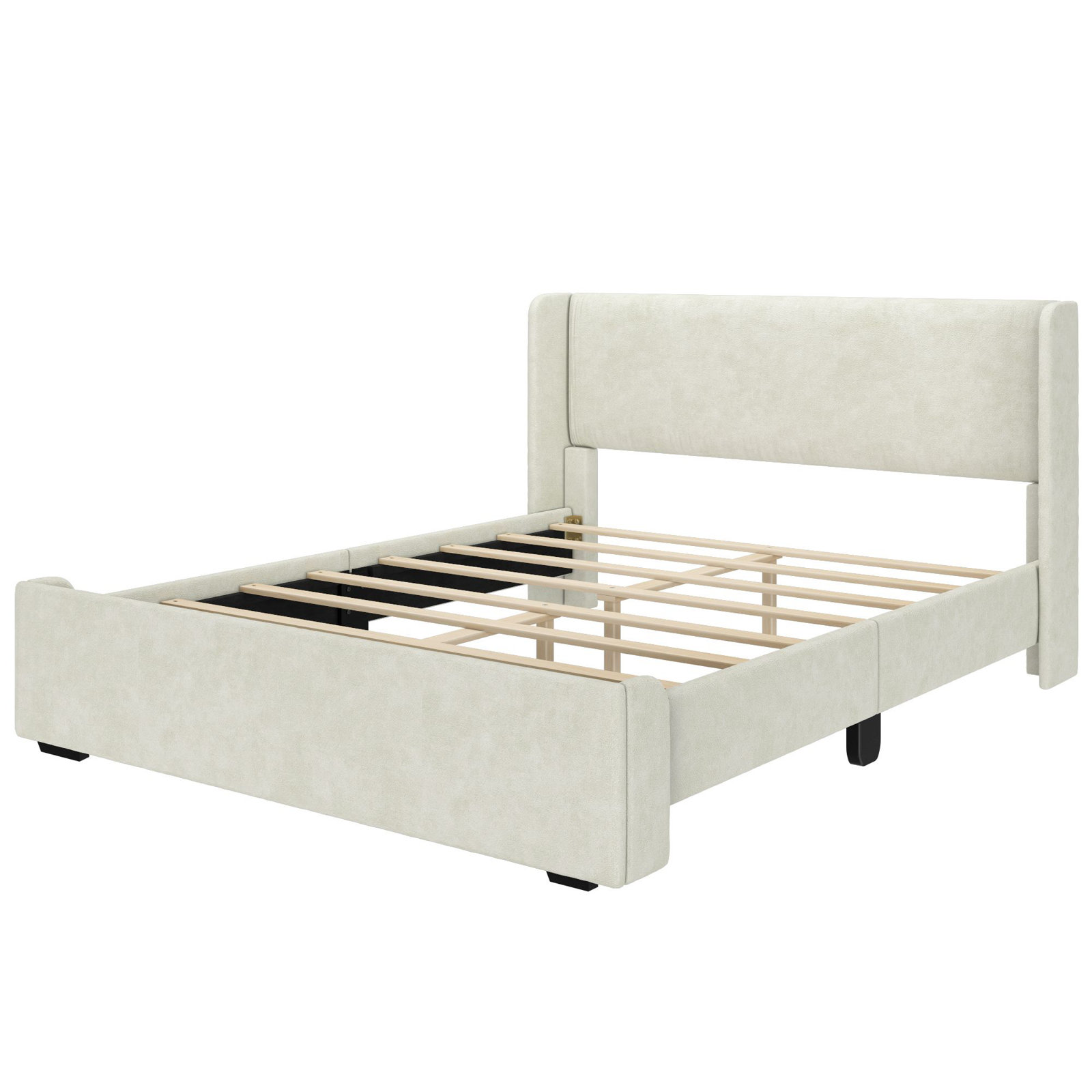 Solid Wood Upholstered Panel Bed, Cream, Queen