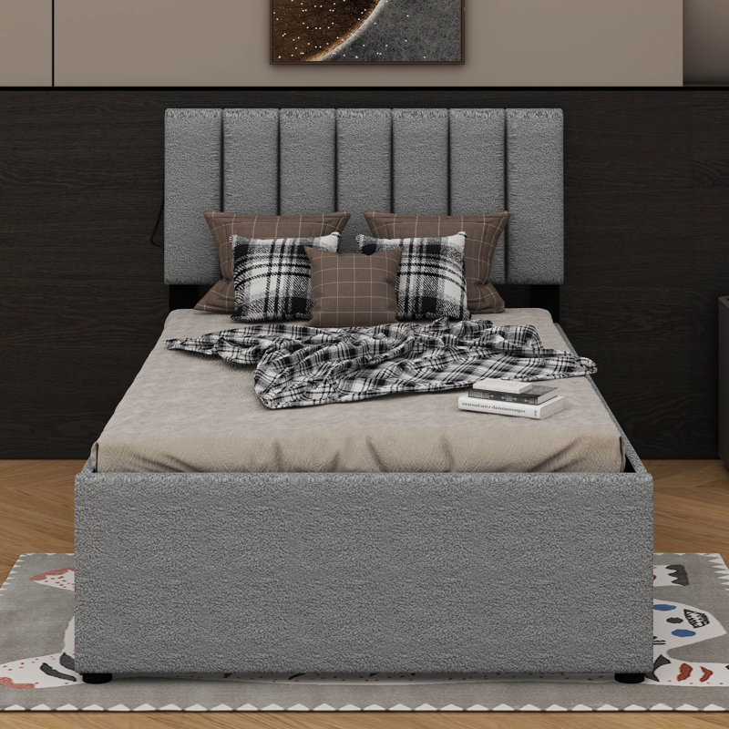 Lit plateforme tapissier simple Teddy, Gris