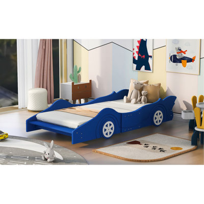 Blue Twin Race Car Bed With Wheels - Comfortable Sleep Setup Size Car-shaped Comfort And Durability Combined