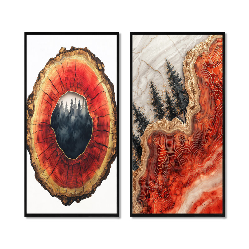 Chemin forestier de la pierre opale de feu I - Collection d'art mural 2 panneaux, H 32 po x l 33 po, Cadre flottant noir