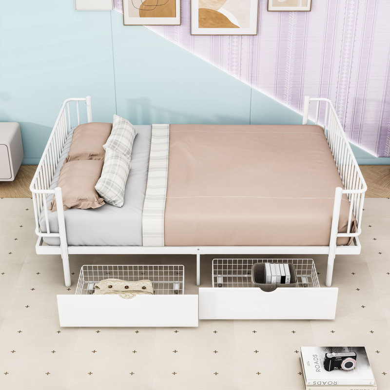 Lit plateforme en métal avec tiroirs de rangement, Lit double, Blanc