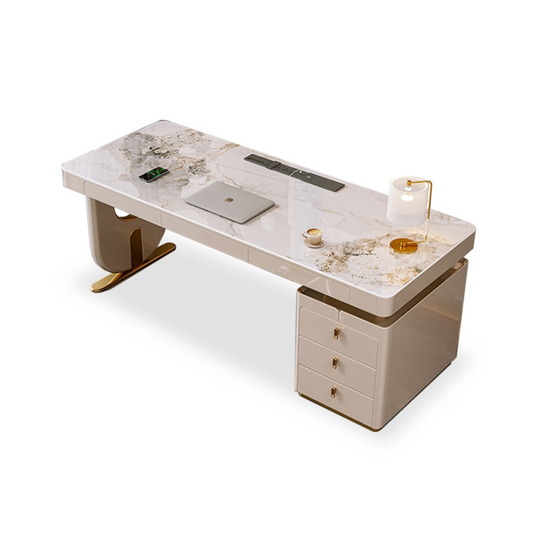 Bureau rectangulaire blanc en bois manufacturé avec 6 tiroirs, H 29,53 po x l 70,87 po x P 27,56 po