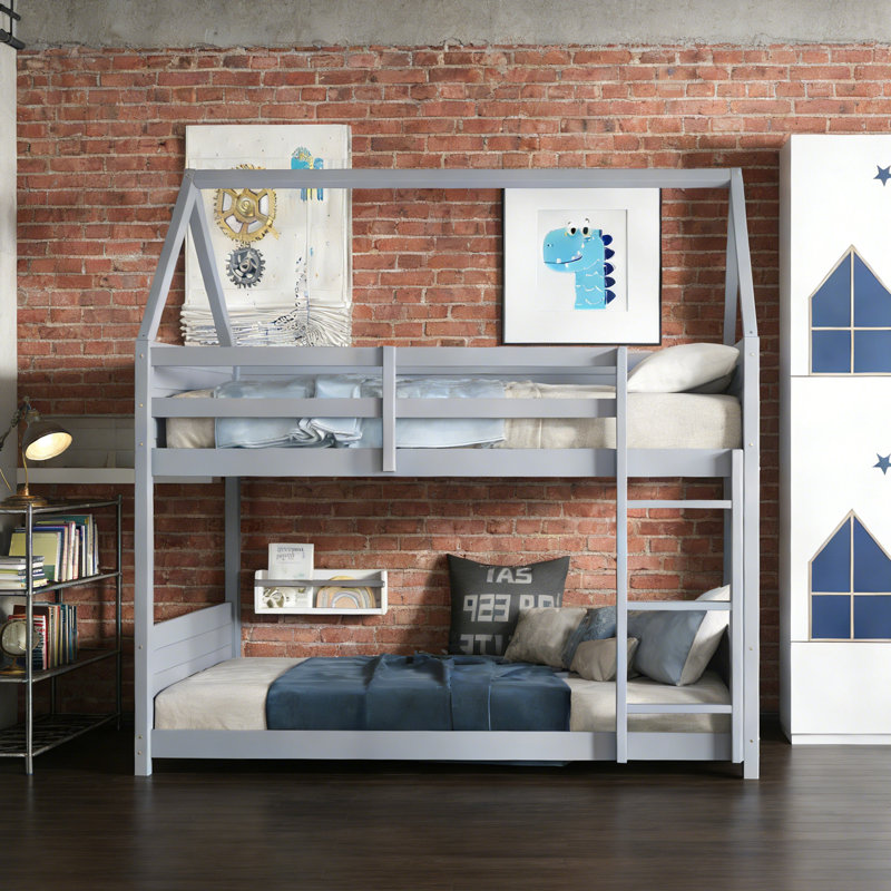 Twin Over Twin Solid Wood House Floor Bunk Bed With Ladder, Gray