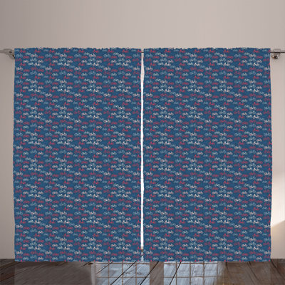Rustic curtain, bike sketch on blue, multi -colored