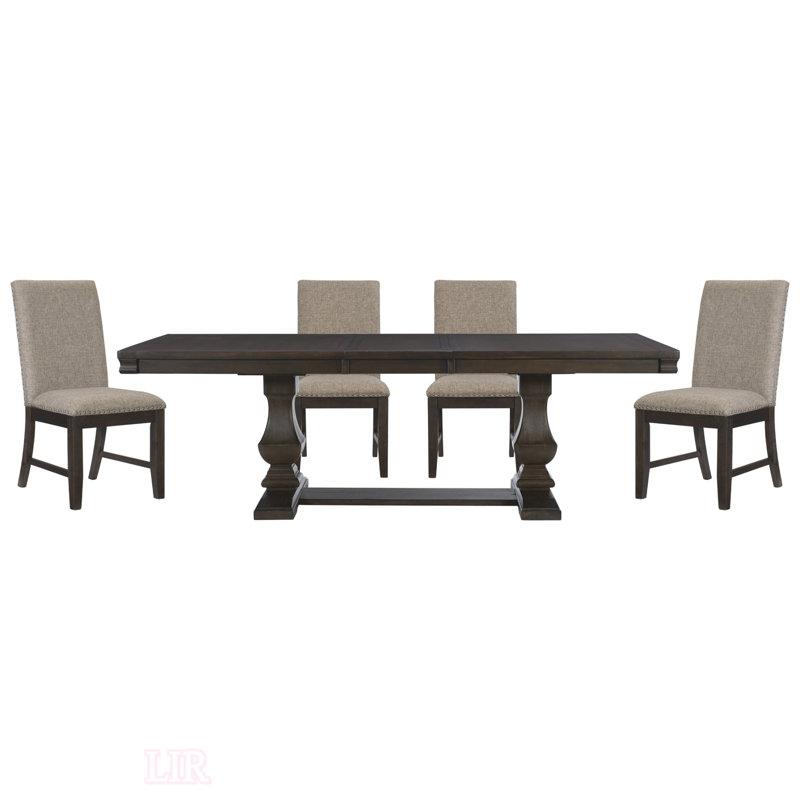 Ensemble de salle à manger 5 pièces de style traditionnel avec table à double piédestal et chaises rembourrées beiges, finition brun rustique