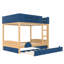 Lit double superposé en bois pleine grandeur avec lit gigogne et bibliothèque intégrée, lit superposé pour enfant Safety Guard, bleu, blanc et beige, solution de sommeil peu encombrante