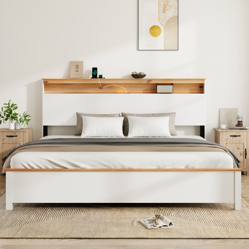 Wooden Bed with Charging Station Storage Headboard, King