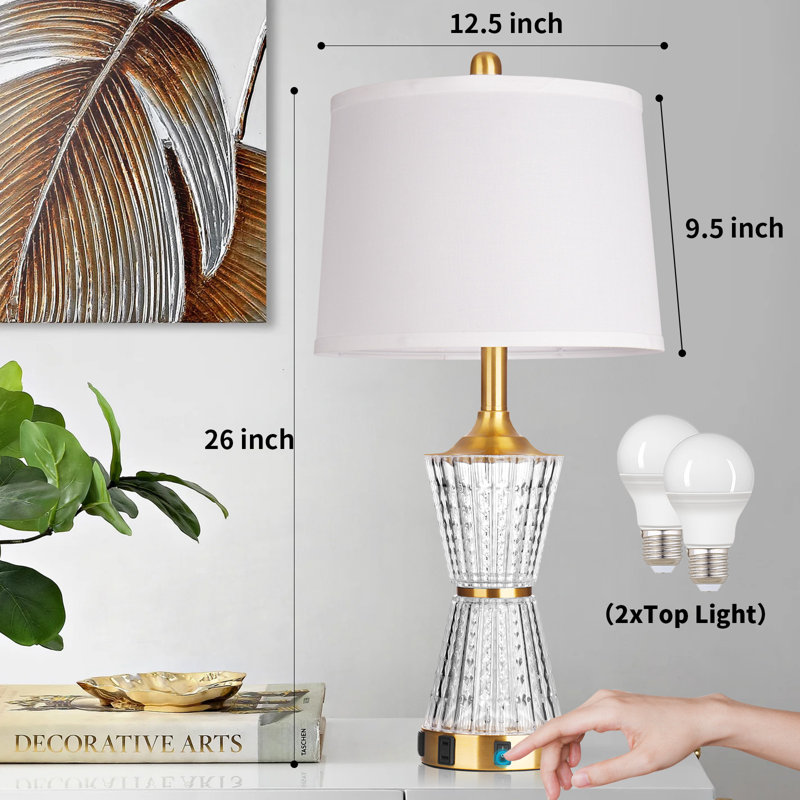 Lampe de table en cristal 26 po avec veilleuse, ports USB et prise de courant, ampoules DEL incluses