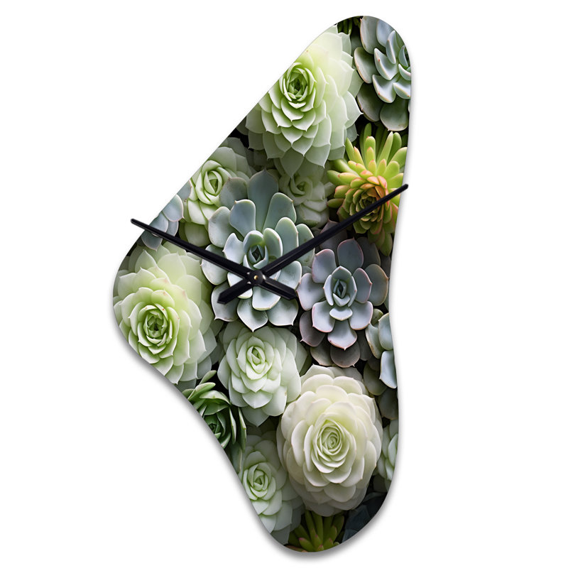 Horloge murale asymétrique en métal Sofiea Green Succulents, Grand