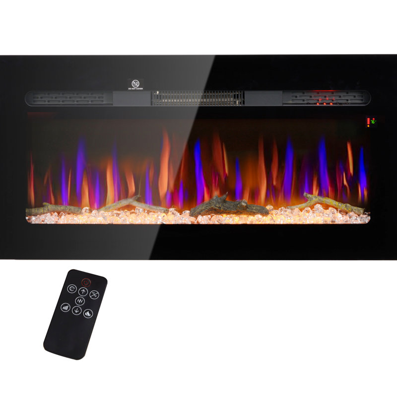 Foyer électrique 40 po: encastré au mur, 1500 W, flamme réglable, bûche et cristal, minuterie 8H, encastré en acier noir,