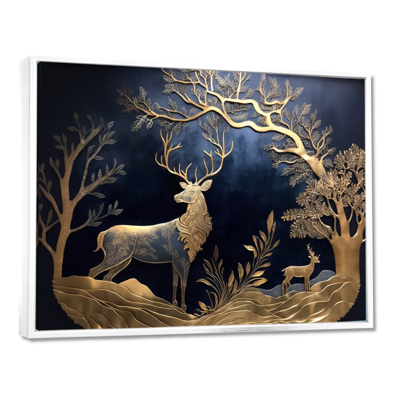Cerf doré dans la forêt II - art mural forêt, H 16 po x l 32 po x P 1 po, Cadre flottant blanc