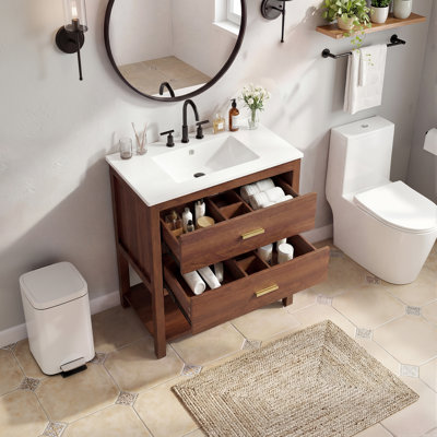 30 Inch Bathroom Vanity with Sink, Modern Bathroom Sink Cabinet with 2 u-Shaped Drawers & Open Shelf, Premium Glossy Ceramic Basin with Overflow, Waterproof Wood Vanity for Small Bath- Walnut