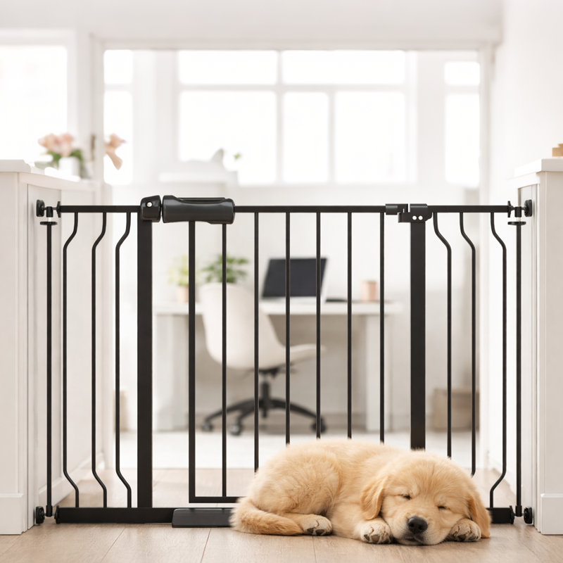 Barrière de sécurité extra large à fermeture automatique pour animaux de compagnie - fixée à la pression, réglable de 33,9 po à 43,3 po - noire pour portes / escaliers, résistante aux animaux de compagnie