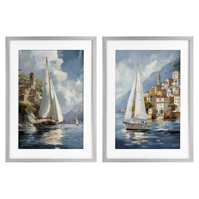 Ensemble de 2 impressions encadrées sous verre Coastal Port Town, H 20 po x l 14 po, Gris