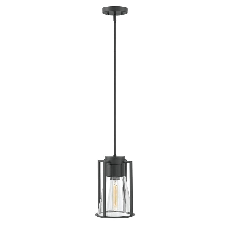 Refinery 1-Light Downrod Pendant w/ Cone-Shaped Glass, Black, Clear