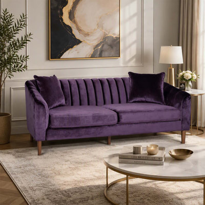 3-Seater Velvet Sofa with Deep Channel Stitching, Sloped Arms, and Accessory Pillows for Contemporary Comfort