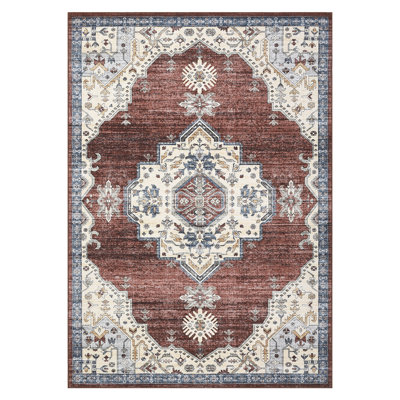 Washable Rugs for Living Room Bedroom Area Rug Boho Vintage Oriental Floral Print Rug Stain Resistant Carpet for Kitchen Laundry Non-Slip Low Pile Floor Carpet Indoor Soft Floor Mat Home Hallway Long Rug Office Apartment Decor