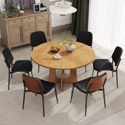 47'' Round Dining Table Set, Farmhouse Kitchen Table With Modern Faux Leather Chairs