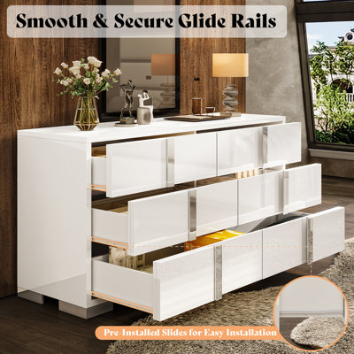 Modern High-Gloss 6-Drawer Double Dresser, White