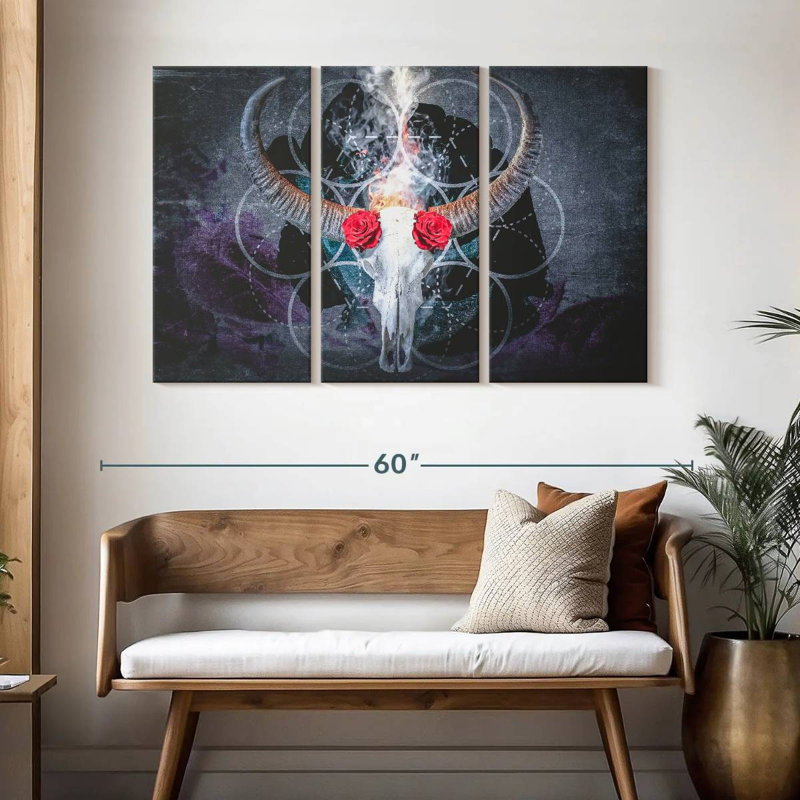 Hitzel Bull Skull Roses, 32" H x 50" W