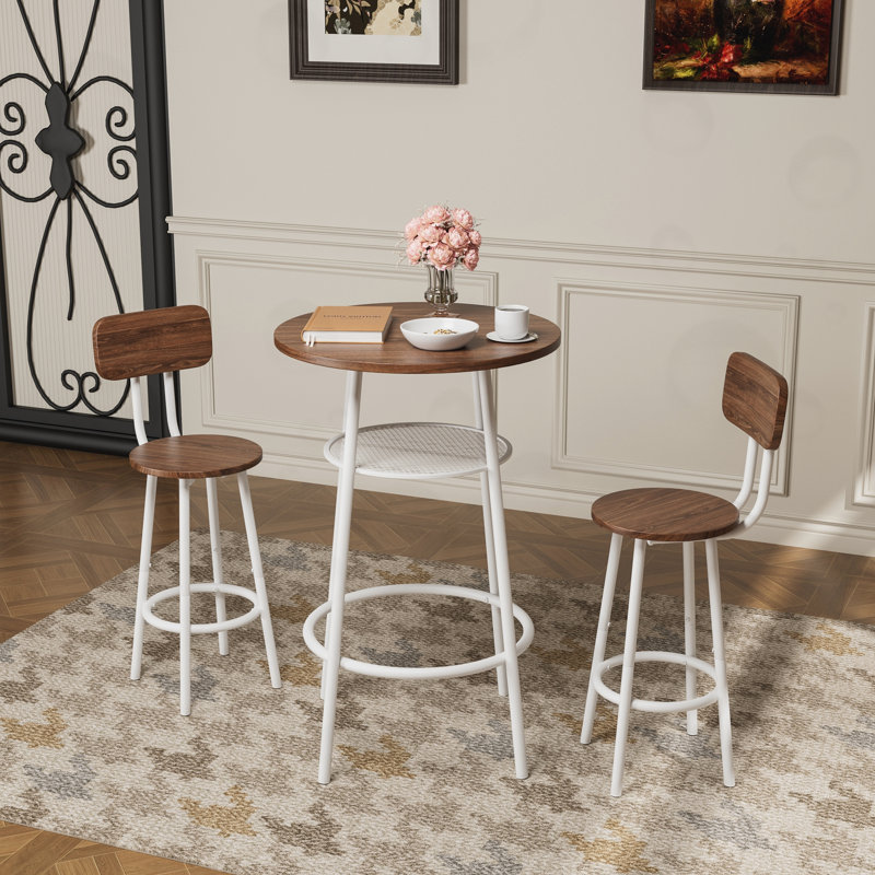 Ensemble de table de bar 3 pièces avec 2 tabourets de bar, Brun / Blanc