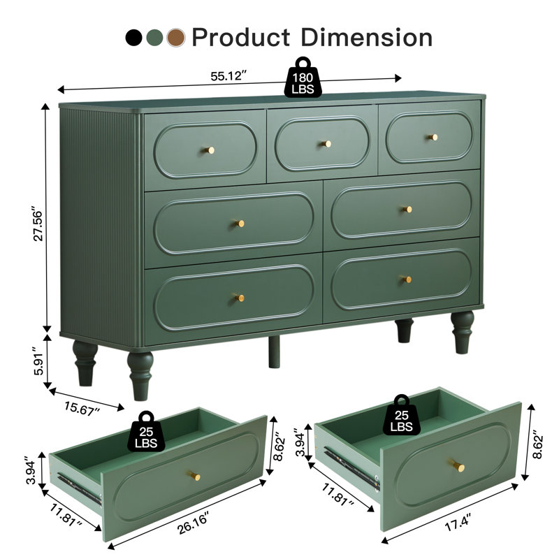 55.12'' W 7 - Drawer Dresser, Green