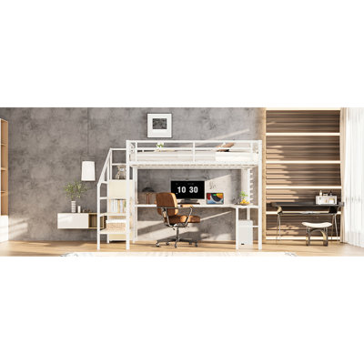 Queen Size Metal Loft Bed With L-Shaped Desk, , Led, Storage Wardrobe And Stairs For Bedroom Ambiance Port, Led , Adjustable Divider Convenience