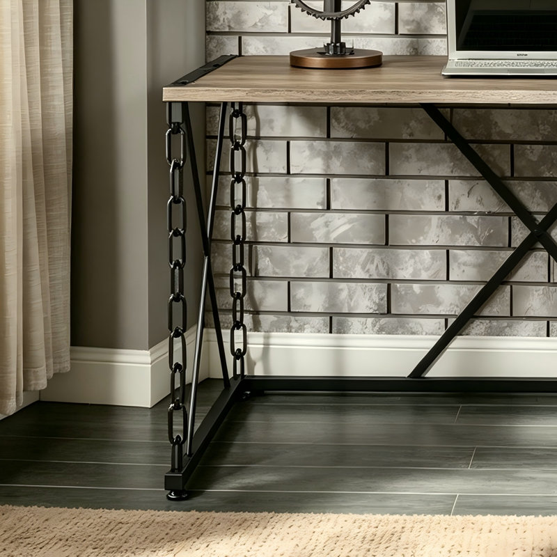 Bureau Jodie de style industriel de 122 cm (48 po) – Plateau en placage de chêne vieilli, structure en métal noir vieilli, bureau d'écriture ouvert unique pour la maison ou le bureau à domicile