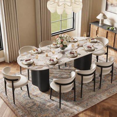 Table de salle à manger ovale moderne 71 "pour 6 personnes Jamani, plateau en pierre frittée blanc brillant, pieds en bois massif