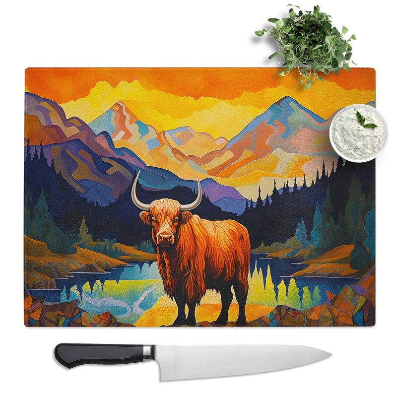 Highland Cow Art Deco  Glass Chopping Board