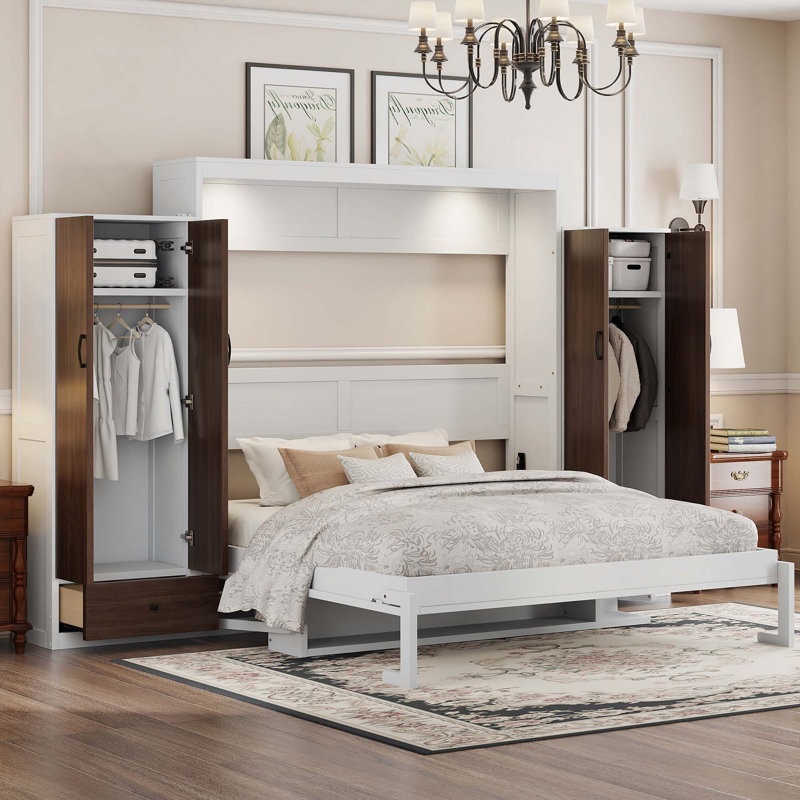 Grand lit escamotable mural avec placard, tiroirs et table