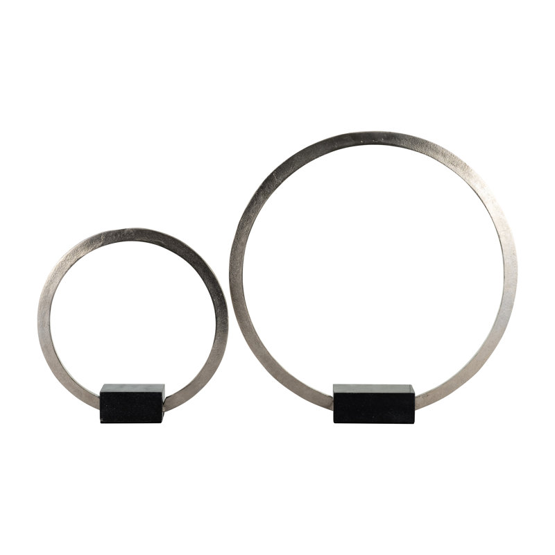Florastine Metal and Stone Circular Sculpture with Aluminum and Marble Accents in Minimal Modern Design, 19" H x 18" W x 3" D