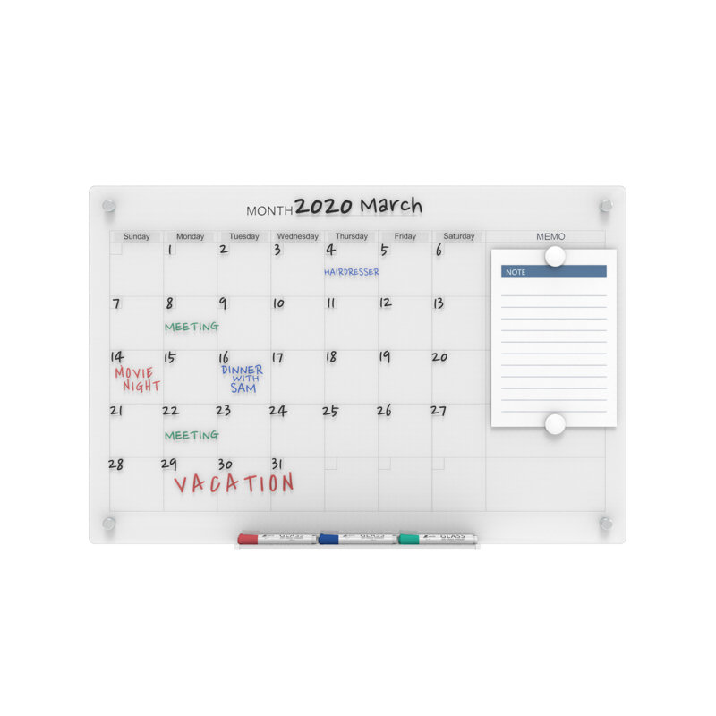 Ultra White 24" x 36" Magnetic Glass Dry Erase Calendar Board