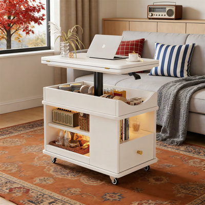 Table basse pliante relevable avec tiroirs et compartiments de rangement, table basse rectangulaire en bois pour le salon avec roues universelles