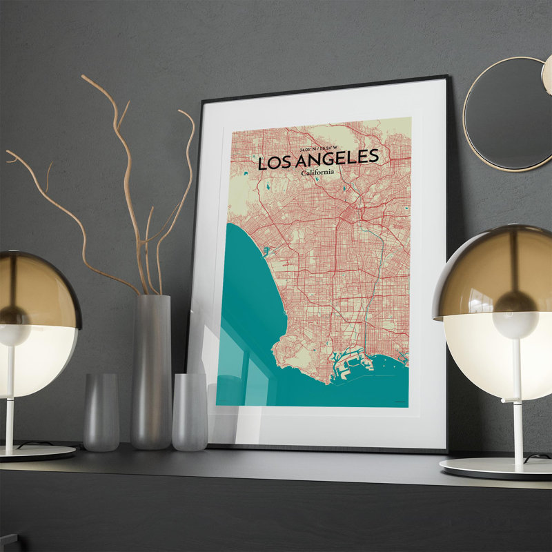 « los angeles city map », reproduction d’impression sur affiche en tricolore, H 17 po x l 11 po