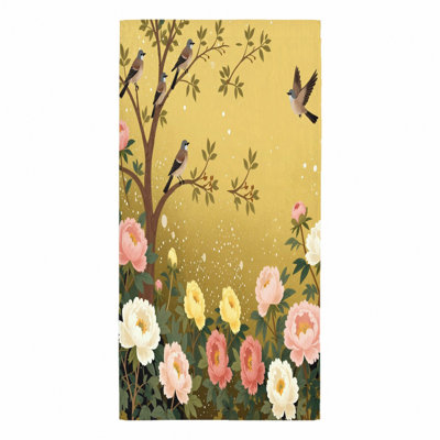 1Pcs Vibrant Yellow Towel, featuring a beautiful illustration of birds perched on branch and blooming peonies against textured golden background. This versatile beach is perfect for seaside trips, travel, outdoor activities, offering