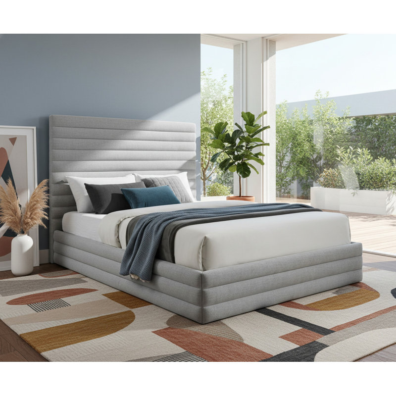 Lit plateforme tapissier Kirol, Très grand, Tissu texturé en lin gris