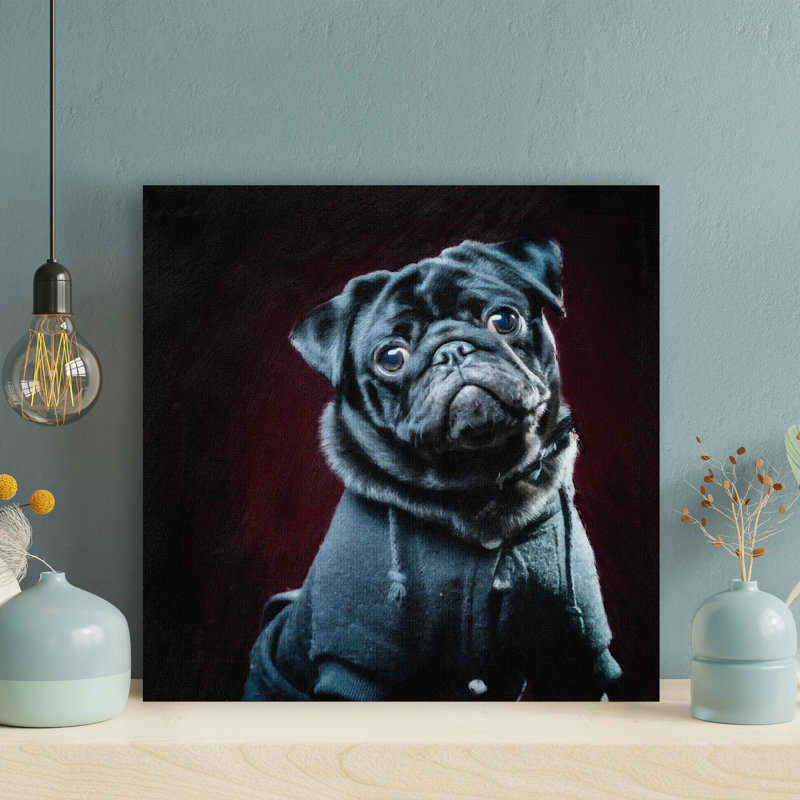 Carlin noir dans un manteau gris - 1 pièce, impression sur toile tendue, H 32 po x l 32 po