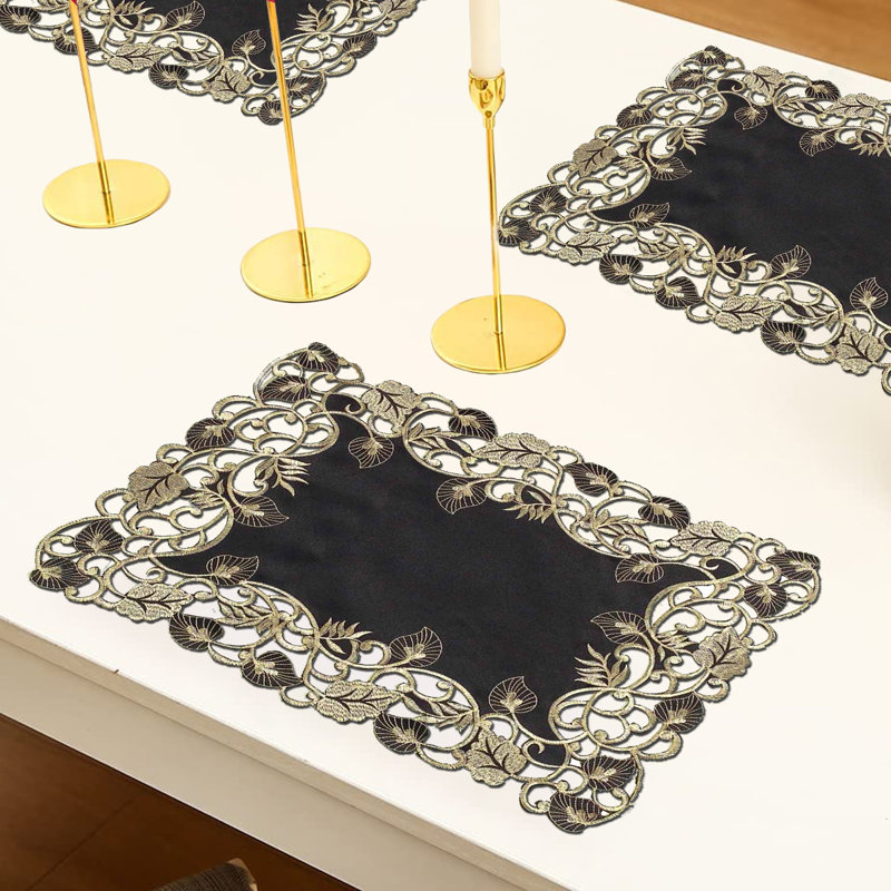 Niya Luxury Dining Table Placemats for Christmas Home Decor Stylish Golden Lace Placemats Polyester, Black Gold
