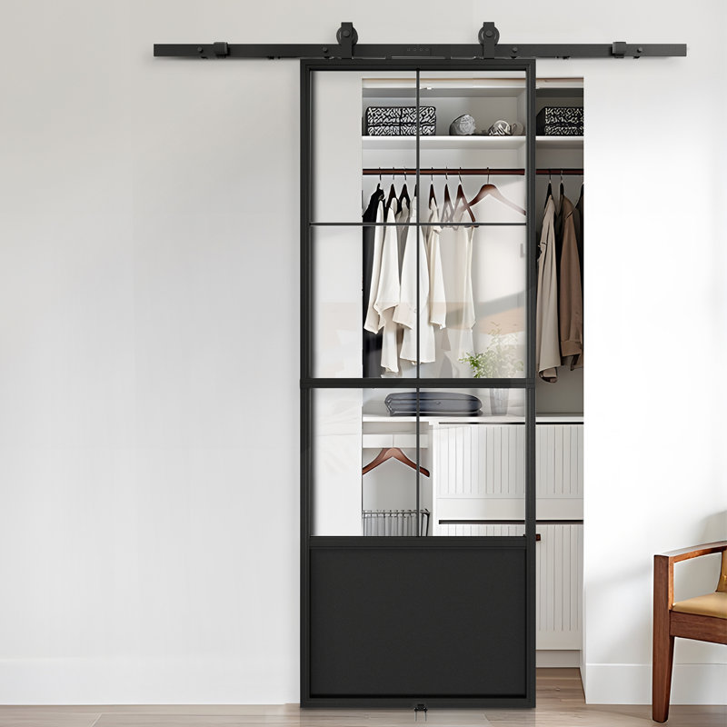 Porte de grange intérieure en verre transparent avec cadre en acier noir et quincaillerie coulissante, 30 po x 84 po
