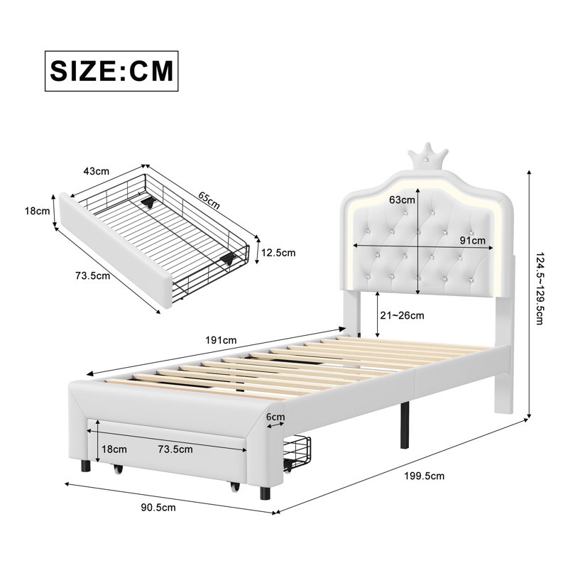 UK & EU Single Princess Bed With LED Crown Headboard & Storage Drawer, Pink & White Faux Leather, White, Single (3')