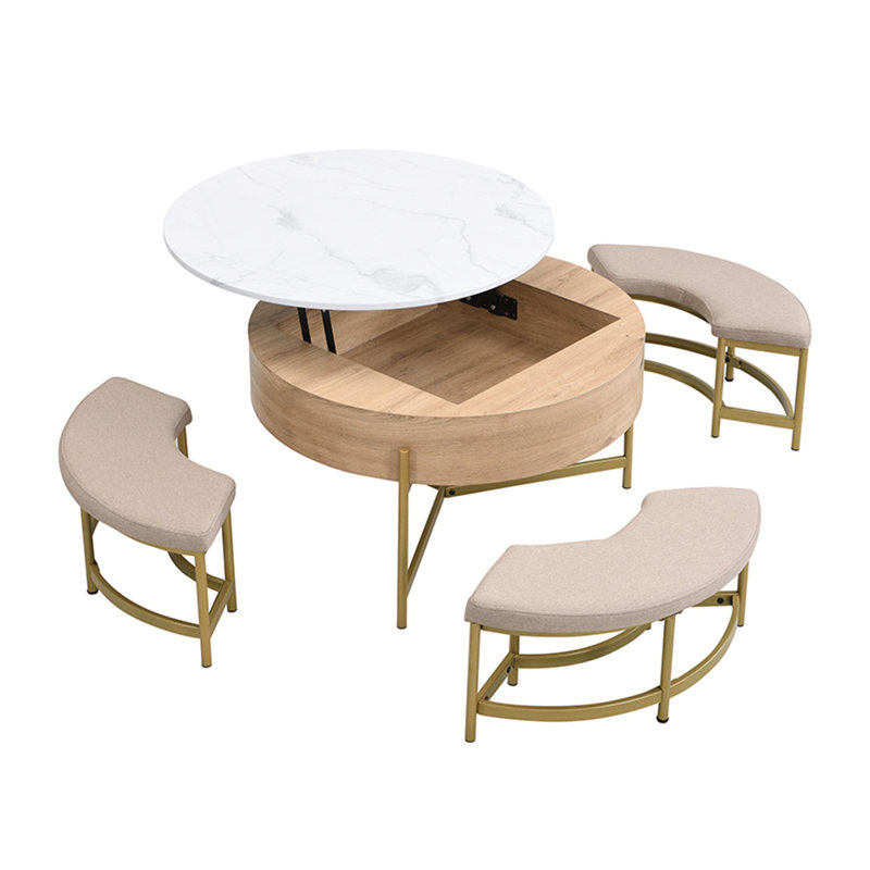 Modern Round Lift-Top Coffee Table with Storage & 3 Ottoman White & Natural, Gold