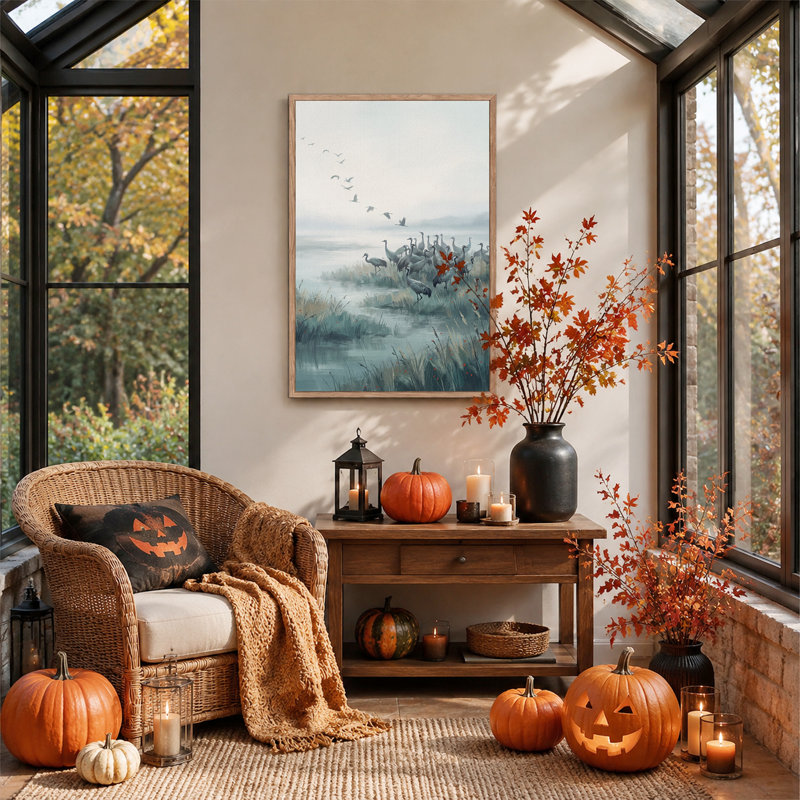 Vol de grues volant au-dessus d'un marais - Toile murale d'Halloween, 48"H x 36"W
