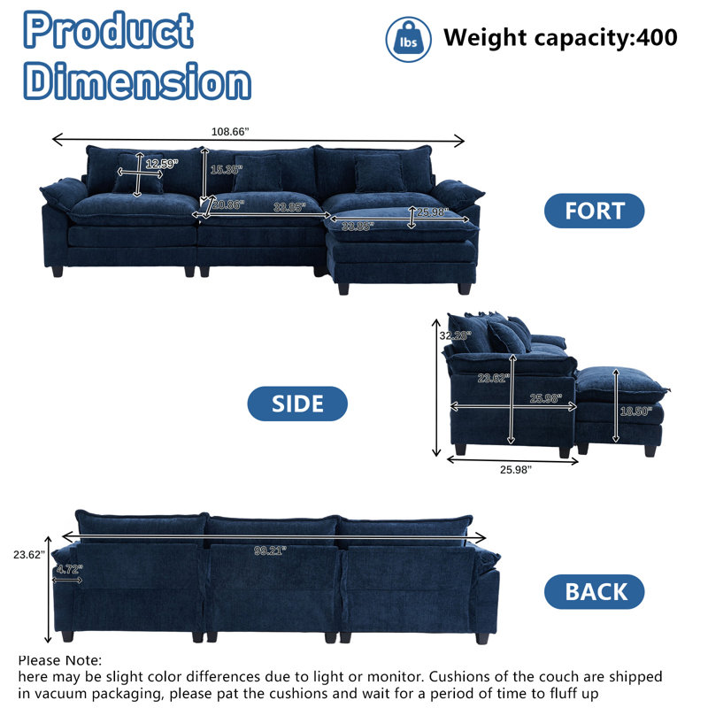 Chenille Upholstered 3-Seater Modular Sectional Cloud Couch with Movable Ottoman, Blue