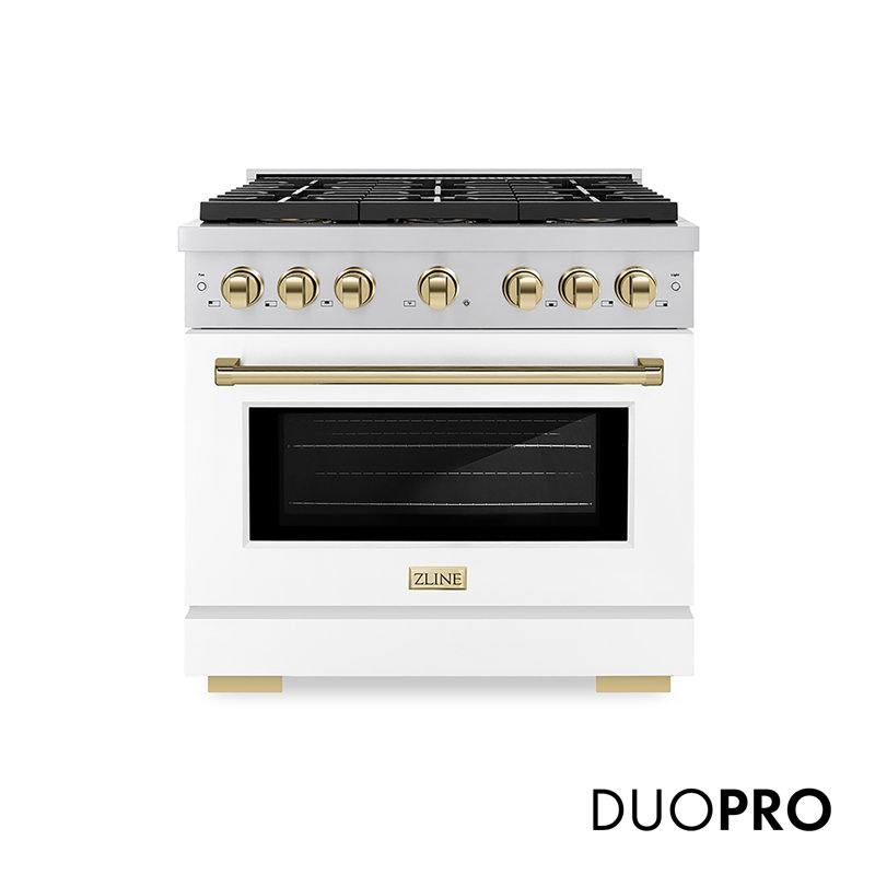 ZLINE Autograph 36 in. Paramount Gas Range with 6 DuoPro Burners w/ White Door & Gold Accents, White Matte, Polished Gold