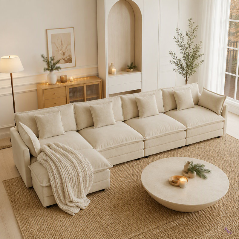 Canapé modulaire modulaire pour le salon, canapé en U convertible 5 places avec 1 repose-pieds, chenille, Chenille beige
