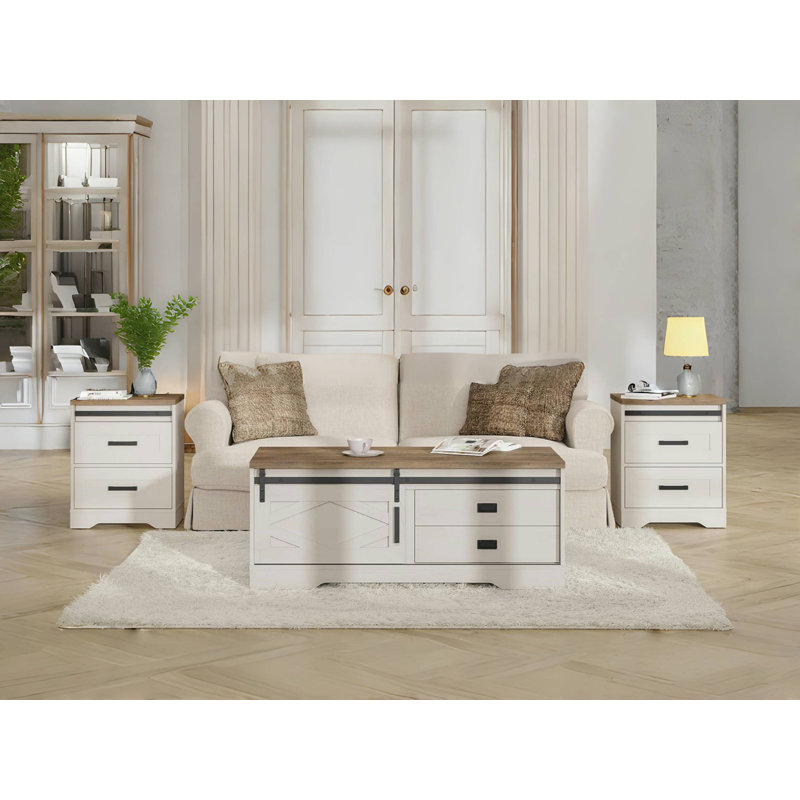 Table basse et table de bout avec canapé d'appoint et station de charge Laziza, Bois de chêne / blanc